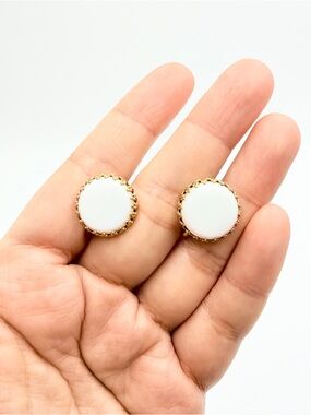 Vintage White Cabochon Screw-Back Clip Earrings with Gold Tone Filigree